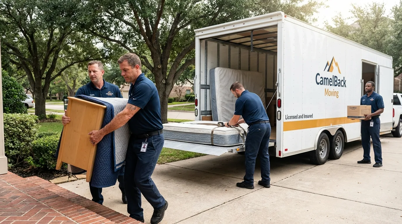 Crew loading residential truck for cross-state move from Horse Shoe, NC