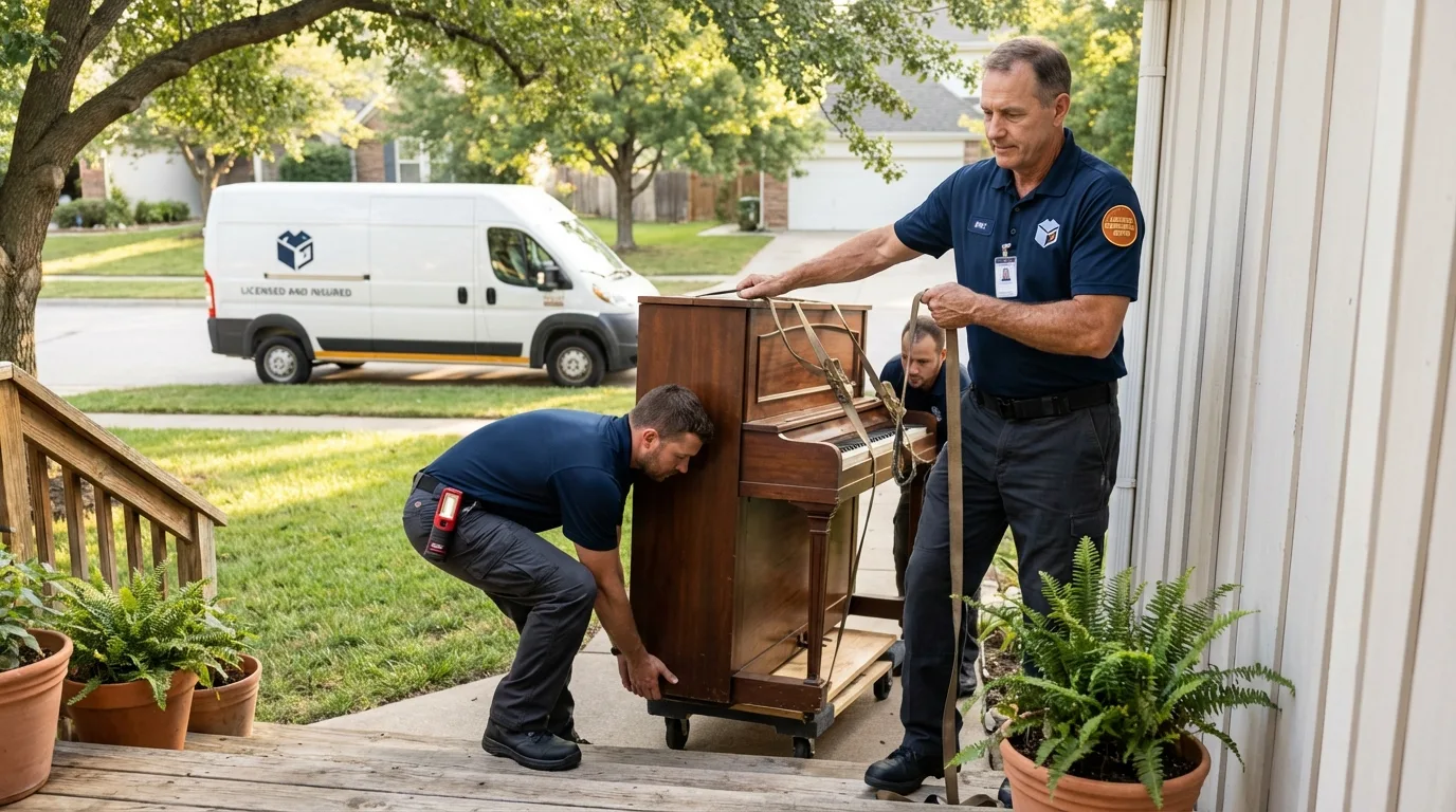 Licensed piano movers securing grand piano in Horse Shoe, NC