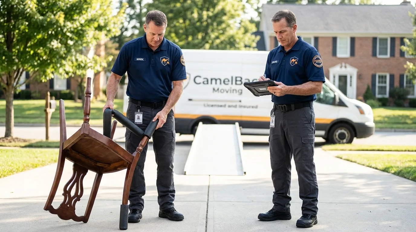 Movers inspecting furniture for damage prevention before loading in Horse Shoe, NC