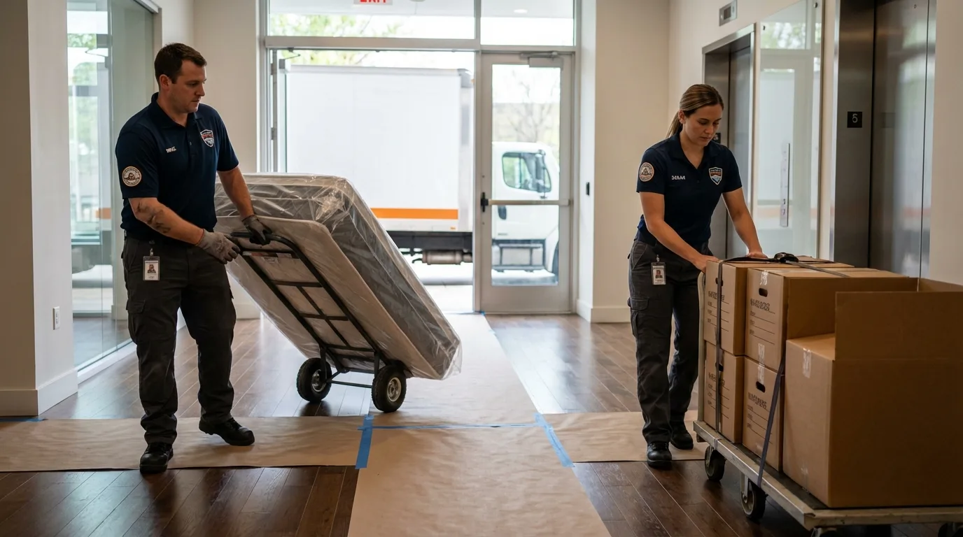 Professional apartment movers loading elevator in Horse Shoe, NC